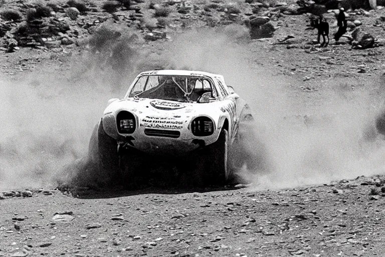 Prompt: 1 9 6 8 dino, mid - 7 0 s dakar rally footage, speed