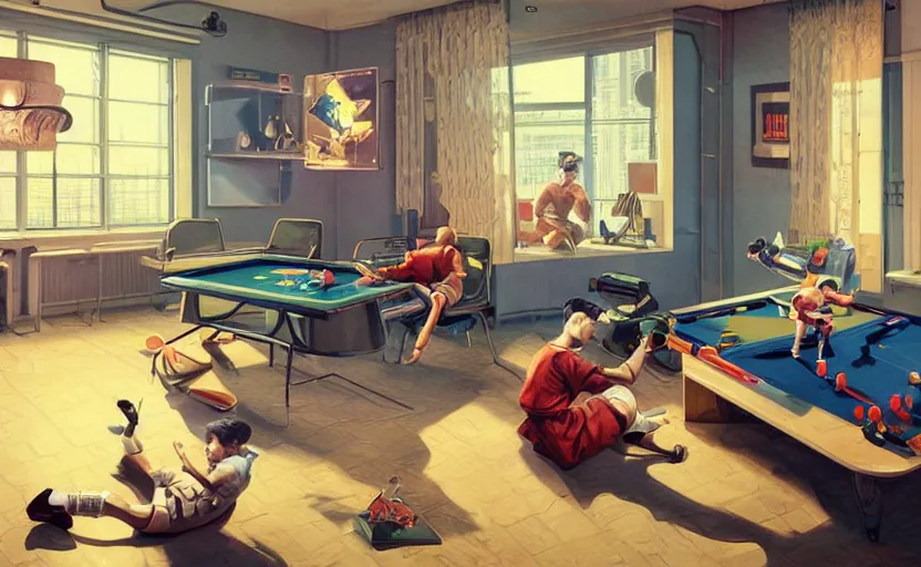 Prompt: 1 9 5 0 s, retro - futurism, two boys playing game at a spacious gaming room with their hi - tech gaming setup, intricate, highly detailed, spacious, indoor, artstation, art by filip hodas and artgerm