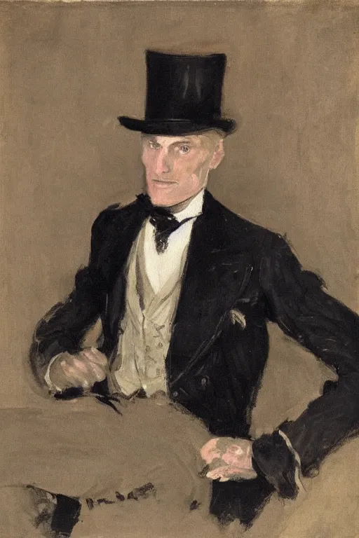 Prompt: portrait of dolph lundgren as a gentleman wearing an edwardian suit and top hat by walter sickert, john singer sargent, and william open