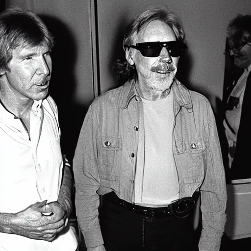 Image similar to harrison ford and john carpenter talking, 1 9 8 0 s photography