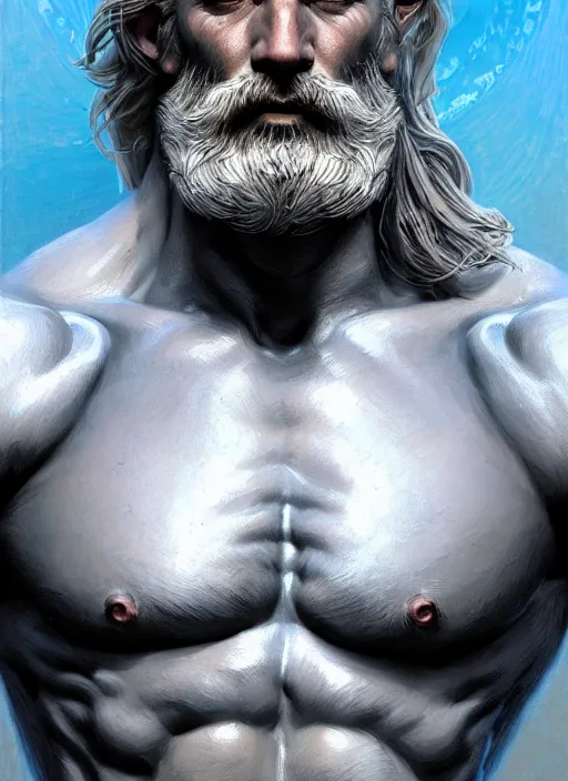 Prompt: painted portrait of rugged zeus, greek god, white hair, masculine, mature, handsome, upper body, muscular, hairy torso, fantasy, intricate, elegant, highly detailed, digital painting, artstation, concept art, smooth, sharp focus, illustration, art by gaston bussiere and craig mullins