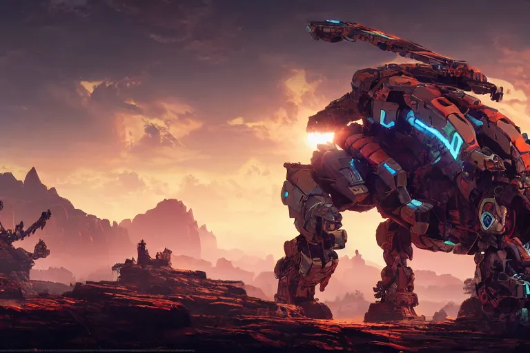 Image similar to rockbreaker machine mecanical creature robot of horizon forbidden west horizon zero dawn radiating a glowing aura global illumination ray tracing hdr fanart arstation by ian pesty and alena aenami artworks in 4 k