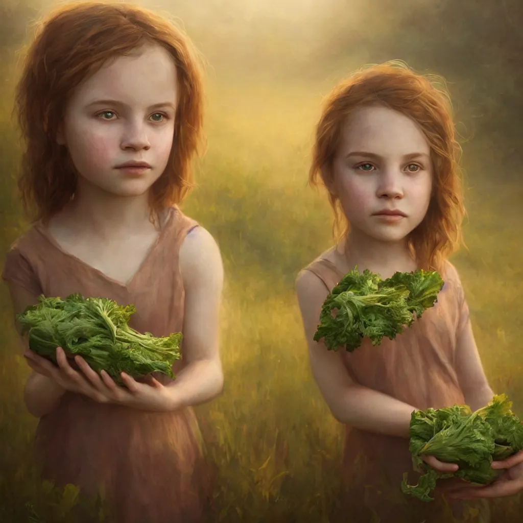 Image similar to Beautiful aesthetically pleasing single female child portrait, face centered portrait, ((only one face)) Confident holding vegetables, lush farm lands, fog, volumetric lighting beautiful, golden hour, sharp focus, ultra detailed, conceptartworld by Leesha Hannigan, Ross Tran, Thierry Doizon, Kai Carpenter, Ignacio Fernández Ríos