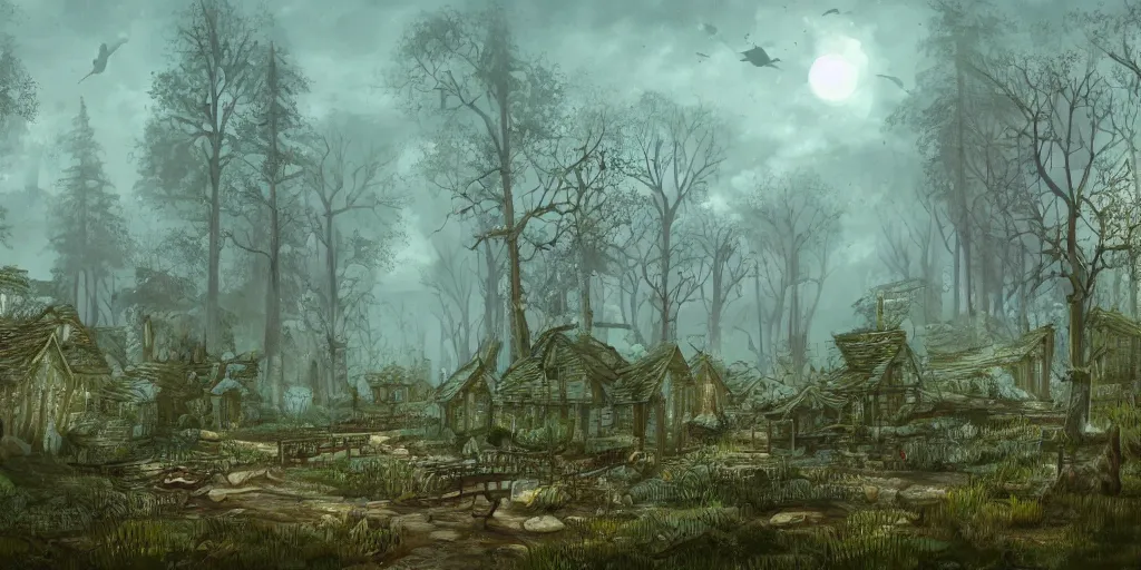 Image similar to an abandoned forest village in dnd at dusk