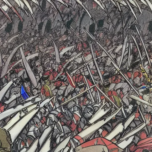 Image similar to one hero with sword looking at army of swordsmen in the background, in the middle of an arena, crowd of people, pencil art, added detail, high definiton, colored, aerial view, byyoji shinkawa