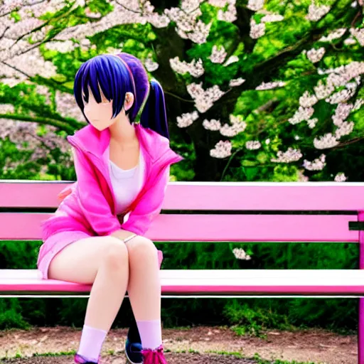 Prompt: anime girl sitting on a bench, highly accurate and proportional, spring time, cherry blossom in the background