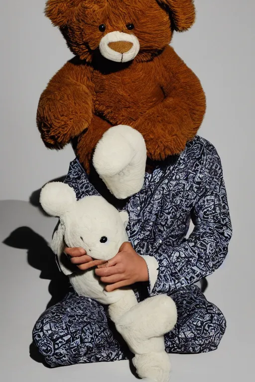 Image similar to frank dillane wearing pajamas with feet and holding a teddy bear, sleepy, adorable, cute, intricate, detailed, trending on artstation, coherent