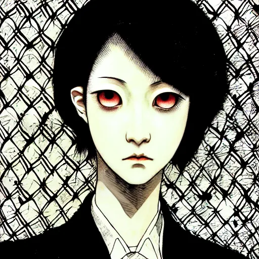 Image similar to yoshitaka amano blurred and dreamy realistic three quarter angle horror portrait of a sinister young woman with short hair, big earrings and white eyes wearing office suit with tie, black and white junji ito abstract patterns in the background, satoshi kon anime, noisy film grain effect, highly detailed, renaissance oil painting, weird portrait angle, blurred lost edges