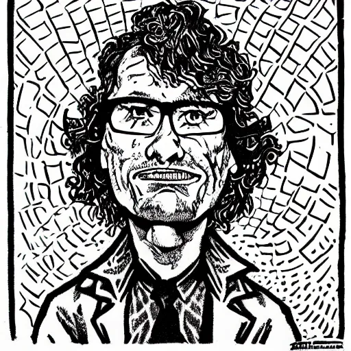 Image similar to a funny looking stoned rock 'n' roll guy detailed illustration, intricate crosshatch sketch drawing by Robert Crumb
