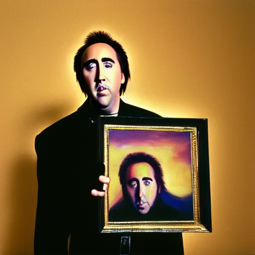 Prompt: Art photography Nicolas Cage holding another Nicolas Cage that holds another Nicolas Cage that painting Nicolas Cage on the wall Photorealism on 8K,Pentax 67, Kodak Portra 400