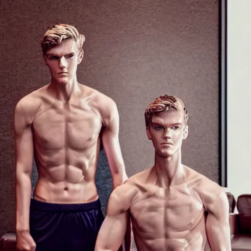 Image similar to a realistic detailed photo of a guy who is an attractive humanoid who is half robot and half humanoid, who is a male android, soccer player martin ødegaard, shiny skin, posing like a statue, blank stare, in a living room, on display, showing off his muscles, with a twin