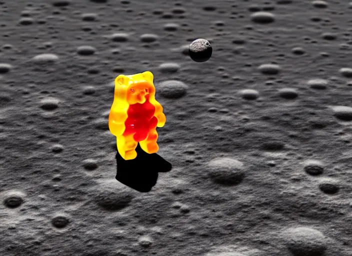 Prompt: a gummy bear walking on the moon staring back at a tiny earth, photorealistic