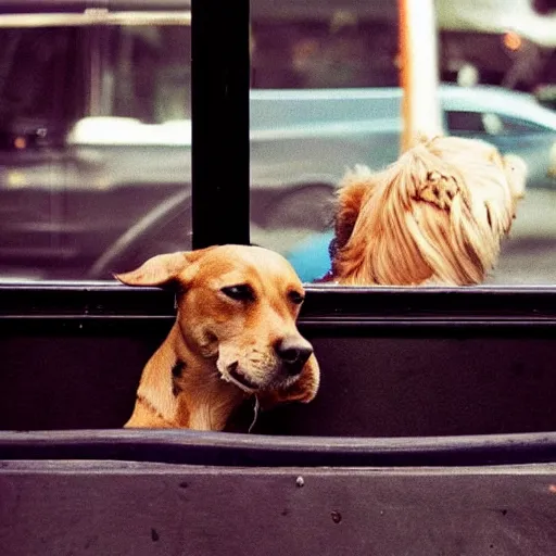 Image similar to !dream a street photo of two dogs sitting in front of the bus