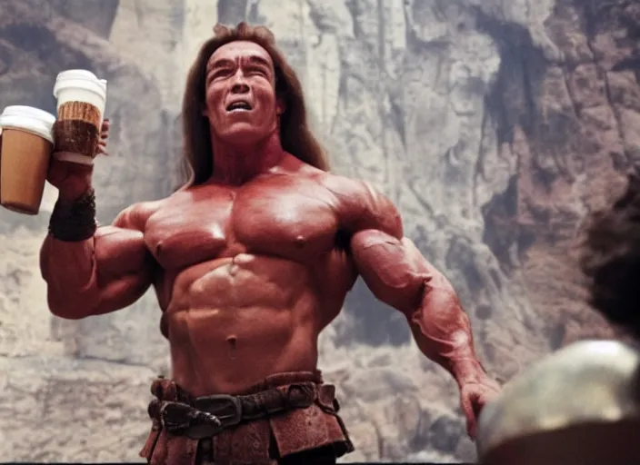 Image similar to film still of arnold schwarzenegger dressed as conan, holding coffee in starbucks, focus on faces, cinematic lighting, unreal engine, steve mccurry, volumetric lighting....