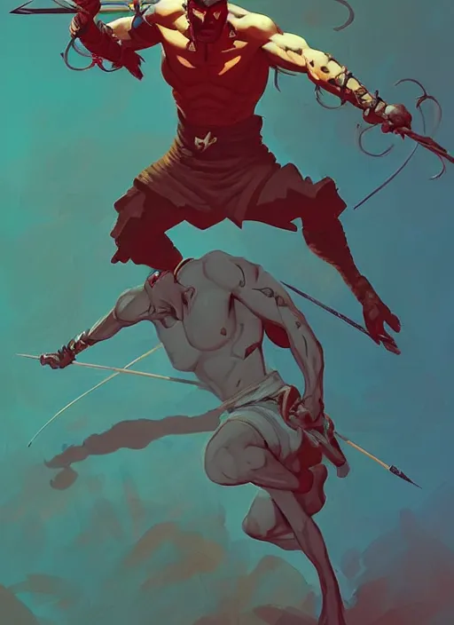 Prompt: a warrior on the ground with arrows in his body, in the style of artgerm, gerald brom, atey ghailan and mike mignola, vibrant colors and hard shadows and strong rim light, plain background, comic cover art, trending on artstation