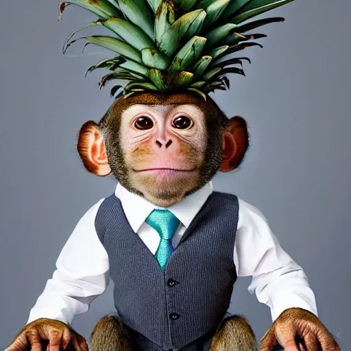Image similar to a monkey wearing a tie holding a pineapple