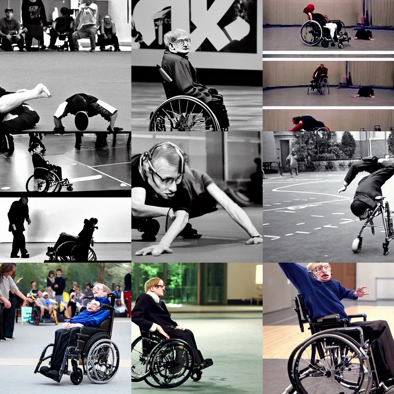 Prompt: Stephen Hawking wheelchair breakdance scene