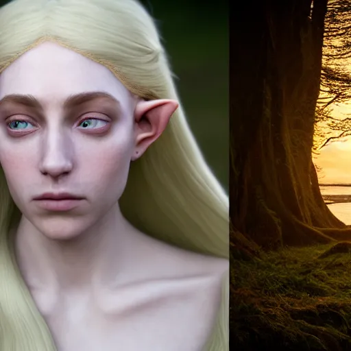 Image similar to photographic portrait of a stunningly beautiful english elven queen renaissance female in soft dreamy light at sunset, beside the river, soft focus, contemporary fashion shoot, in a denis villeneuve and tim burton movie, by edward robert hughes, annie leibovitz and steve mccurry, david lazar, jimmy nelsson, extremely detailed, breathtaking, hyperrealistic, perfect face, octane render