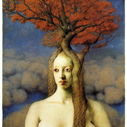 Prompt: flowering tree with extensive root system and trunk is a beautiful woman's head, by Odd Nerdrum, by Francisco Goya, by M.C. Escher, beautiful, eerie, surreal, colorful