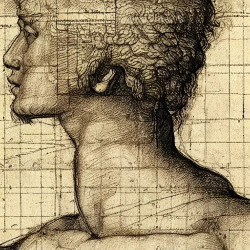 Prompt: young man wearing braininterface drawing by leonardo da vinci, plan. blueprint