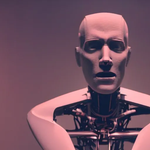 Prompt: movie scene of a man with a robot head, movie still, cinematic lighting, Movie by David Lynch