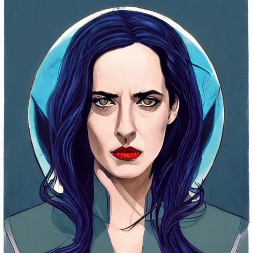 Image similar to Phil Noto comic art, wide shot, stunning elegant female Eva Green, Indigo Magician, beautiful evil sneer, symmetrical face, symmetrical eyes, leather clothing and boots, long straight red hair, full body, Indigo occult pattern