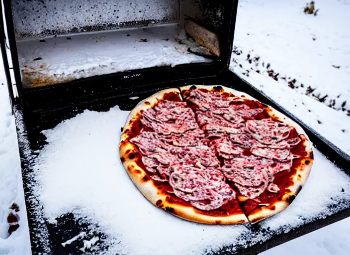 Image similar to clear highly detailed photorealistic food photograph of a wood oven cooked pizza half frozen in ice with salami pepperoni lying in the snow