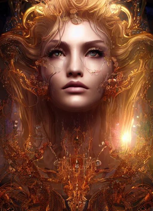 Image similar to beauteous practical sumptuous tattood beautiful face, crystal, gold, copper, bronze biomechanical with incredible iridescent pearlescent voluminous neon hair, crystalline masterpiece incrustations, hyperdetailed face, elegant pose, movie still, intricate, octane render, cinematic forest lighting, unreal engine, crepuscular rays, god rays