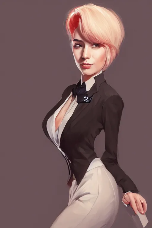 Image similar to a digital painting of a woman in a suit, a character portrait by artgerm, trending on artstation, fantasy art, ilya kuvshinov, artstation hd, artstation hq