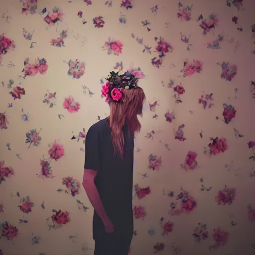 Image similar to kodak portra 4 0 0 photograph of a skinny blonde goth guy standing in a cluttered bedroom, back view, flower crown, moody lighting, telephoto, 9 0 s vibe, blurry background, vaporwave colors, faded!,