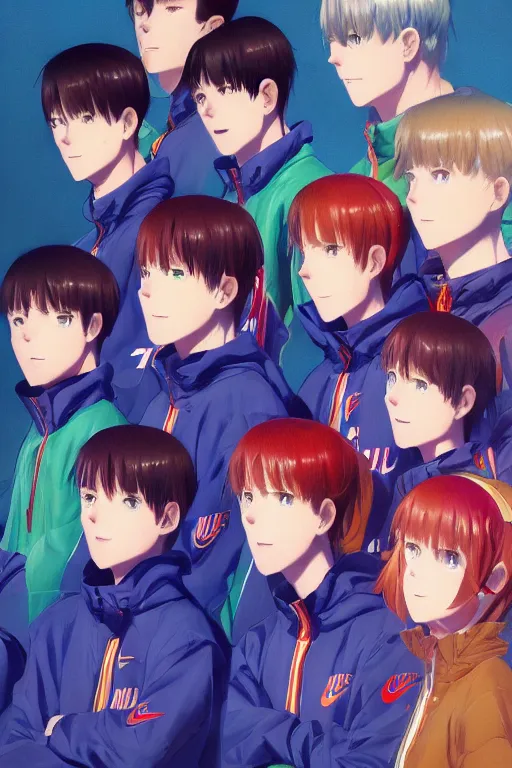 Image similar to A ultradetailed beautiful portrait panting of of The Quintessential Quintuplets wearing an oversized Nike jacket, Oil painting, by Ilya Kuvshinov, Greg Rutkowski and Makoto Shinkai