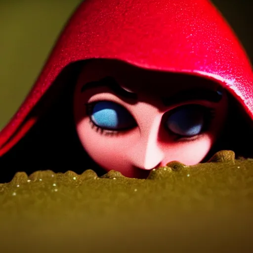 Image similar to a cinematic film still of a claymation stop motion film starring emma watson as little red riding hood, looking at realistic wolf, shallow depth of field, 8 0 mm, f 1. 8