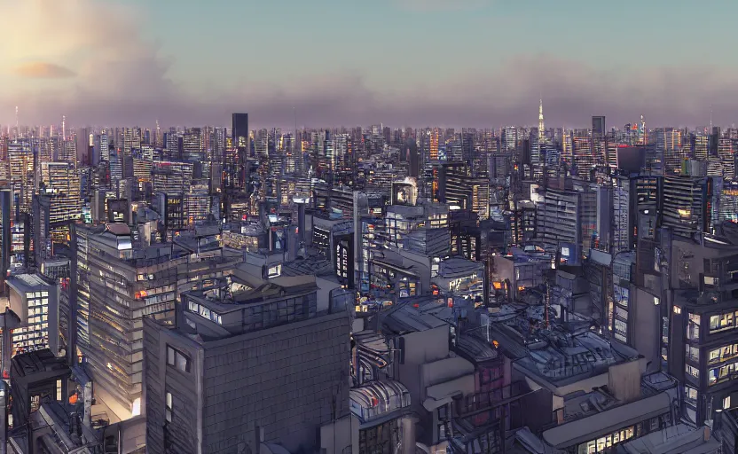 Image similar to unreal engine 5 render of tokyo city from a rooftop view, sunset lighting, hyper realism, realistic shading, cinematic composition, blender render, octane render, hdr, detailed textures, photorealistic, ultrawide shot, 1 6 mm lens