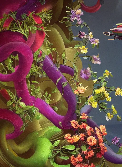 Image similar to a rainbow spaceship shooting intricate flowers and vines out of cannons. Painted by Michelangelo. Trending on Artstation, 8k, rendered in octane.