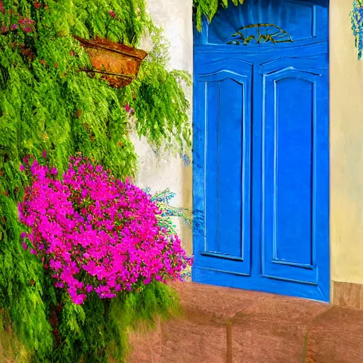 Prompt: painting of a european blue door surrunded by bougainvillea award winning fuzzy