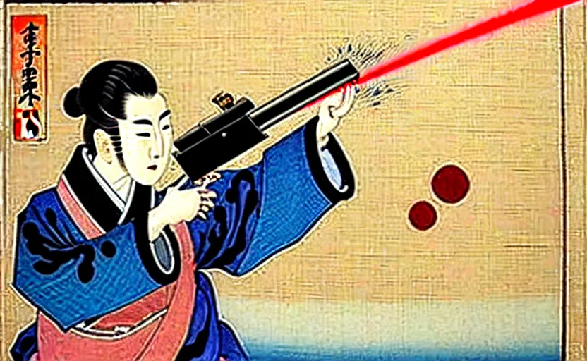 Image similar to a Japanese painting of the emperor of Japan shooting a laser gun