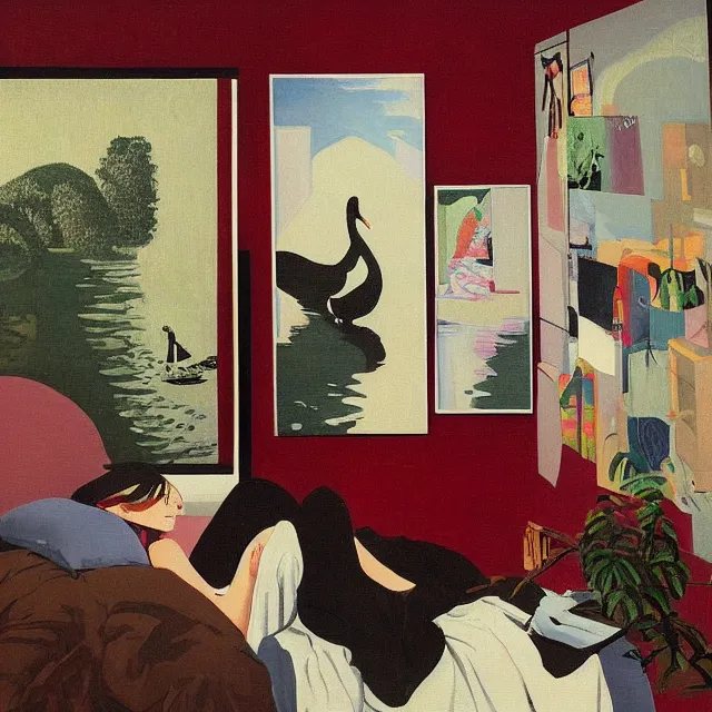 Image similar to female emo art student in her apartment, painting of flood waters inside an artist's feminine bedroom, a river flooding indoors, pomegranates, pigs, ikebana, water, octopus, river, rapids, waterfall, black swans, canoe, berries, acrylic on canvas, surrealist, by magritte and monet