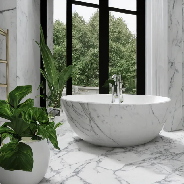 Image similar to marble bathroom interior, bathtub with golden faucet, wood cabinets, marble floor, large window in back with white mountain nh fall river view, large potted plant, realistic, unreal engine render, octane render, hyper realistic, photo, 8 k