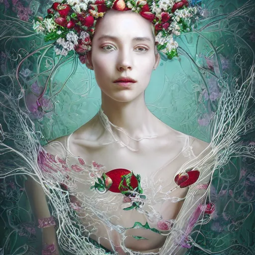 Image similar to the portrait of an absurdly beautiful, graceful, elegant, sophisticated, fashionable young woman made of strawberries and white petals looking down, an ultrafine hyperdetailed illustration by kim jung gi, irakli nadar, intricate linework, bright colors, octopath traveler, final fantasy, unreal engine 5 highly rendered, global illumination, radiant light, detailed and intricate environment