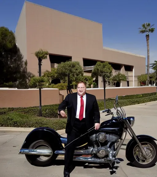 Prompt: Andy Richter is dressed in a black suit and a red necktie and riding a motorcycle into a studio lot. The studio lot is filled with Soundstages and movie trailers. It is a bright afternoon and overcast.