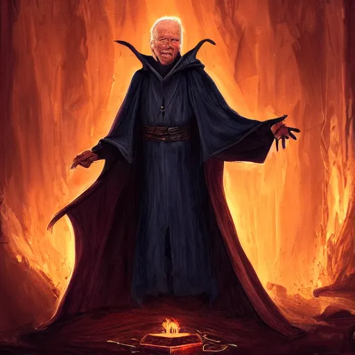 Prompt: joe biden wizard in a dark cloak summoning satan, concept art, fantasy, fantasy art, trending on artstation, highly detailed, award winning, museum piece