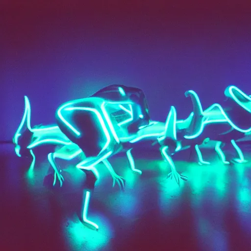 Image similar to electric blue glowing baby dinosaurs in tron movie, cinestill