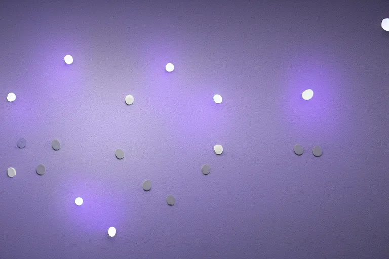 Prompt: clay rendering of simple medium angular shapes floating in a white sky surrounded by little metal flakes, small glowing fluorescent tube lights hover around the shapes, cool purple slate blue lighting, cgi, ambient occlusion, masterwork, studio lighting, dusty air, flecks, splash page, widescreen 4 k