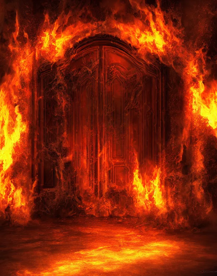 Image similar to Gates of hell by paul chadeison, concept art, ultra realistic, super detailed, photorealistic,fire, smoke, cinematographic, epic lighting, religious