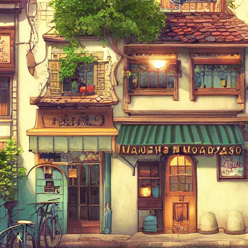 Image similar to beautiful cute cozy very little cafe on a cobblestone street, golden morning light, simple fantasy anime style of hayao miyazaki, digital art trending on artstation