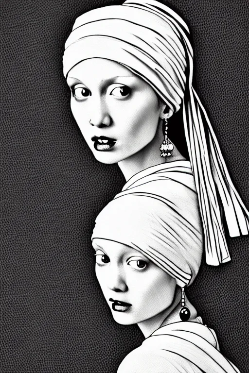 Image similar to beautiful portrait of a woman, negative no not the girl with a pearl earring, highly detailed ink illustration, b & w clean shaped illustration by kim jung gi, ric estrada, ron english and eiichiro oda