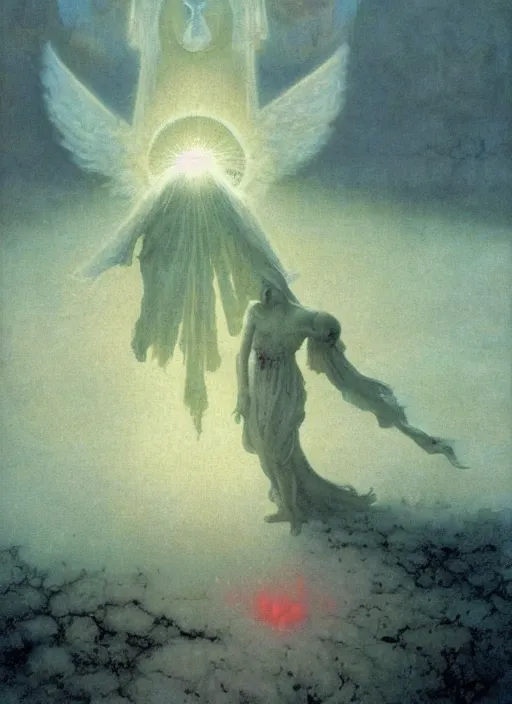 Image similar to giant white glowing angel rising above fallen demon lying on the foggy ground by wayne barlowe, wes anderson, arnold böcklin, roger dean, mikalojus konstantinas ciurlionis, mikhail vrubel and wadim kashin, rich moody colours, 90-s anime, ethereal, lo-fi retro videogame