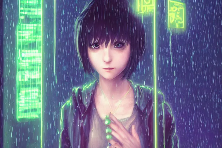 Prompt: an epic fantasy comic book style portrait painting of an extremely cute and adorable very beautiful cyberpunk lain ( serial experiments lain ) in the rain, neon reflections, character design by mark ryden and pixar and hayao miyazaki, unreal 5, daz, hyperrealistic, octane render, cosplay, rpg portrait, dynamic lighting, intricate detail, cinematic