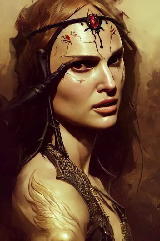 Image similar to natalie portman, warrior, lord of the rings, tattoos, decorative ornaments, by carl spitzweg, ismail inceoglu, vdragan bibin, hans thoma, greg rutkowski, alexandros pyromallis, perfect face, fine details, realistic shading, photorealism