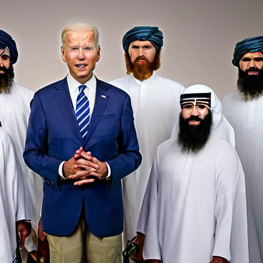 Prompt: 4 k portrait sony a 7 f 2. 8 of president joe biden as a muslim taliban terrorist leader standing surrounded by oil barrels